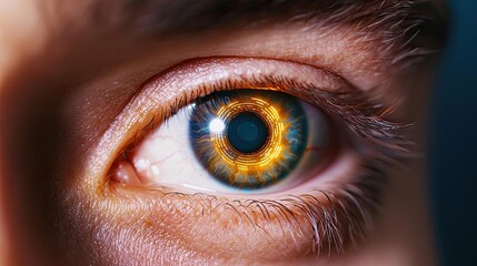 Fototapeta premium Close-up human eye showing futuristic machine biotechnology concept. Close-up of a mesmerizing eye with vibrant colors and detail.