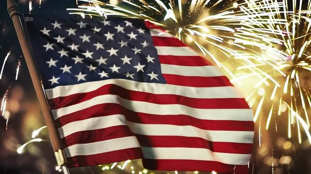 A low-angle video shot of the American flag waving against a vibrant backdrop of fireworks, symbolizing celebration and patriotism. Live desktop wallpaper.