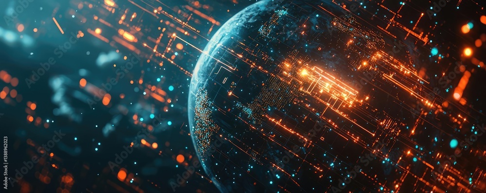 Poster earth with glowing network and cyberspace wireless connection concept. futuristic digital representa