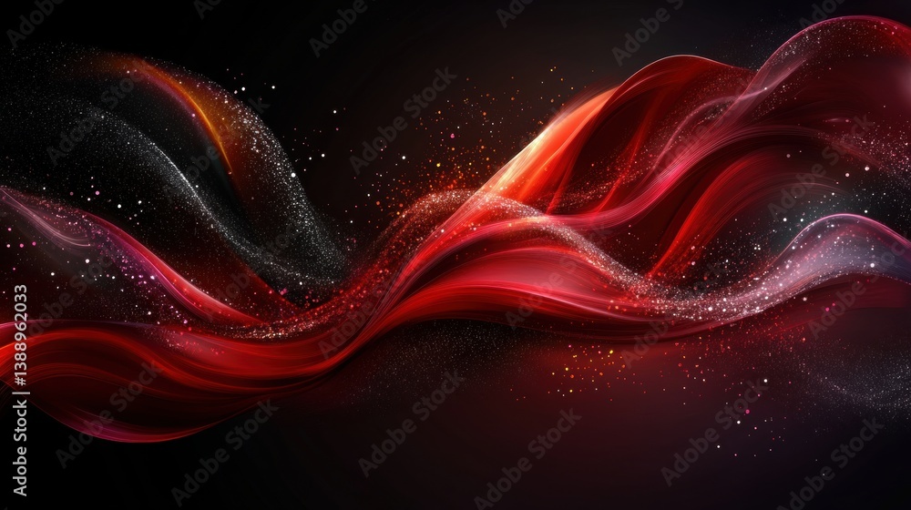 Poster abstract red and silver waves with sparkling particles on dark background dynamic flowing design