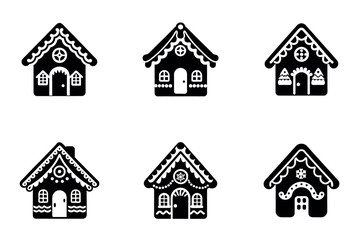 Fototapeta premium Collection of Six Black and White Gingerbread House Icons for Christmas