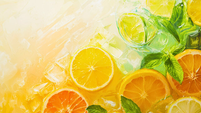 This image showcases a vibrant and refreshing arrangement of drinks infused with citrus slices and fresh mint leaves. The glasses are filled with clear, ice-cold liquid, showcasing floating slices of 
