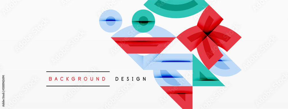 Poster Abstract geometric shapes, vibrant colors, modern design. Overlapping layers create dynamic composition. Clean lines, minimalist aesthetic.
