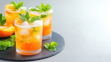 Fototapeta premium Three glasses of orange and mint iced drinks sit on a dark slate. Ice cubes are visible. Fresh mint sprigs garnish each glass. A half orange slice rests near the glasses. The image is well-lit, hig