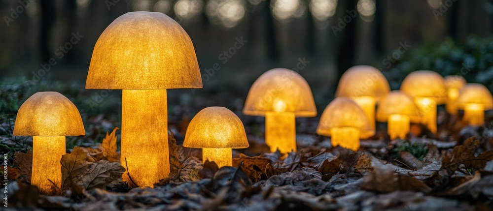 Poster enchanting mushroom lamps illuminate autumnal forest floor creating a warm and magical atmosphere wi
