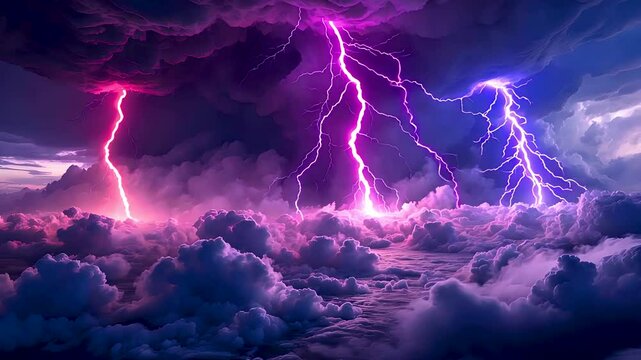 Intense purple lightning bolts striking through thick storm clouds dramatic loop