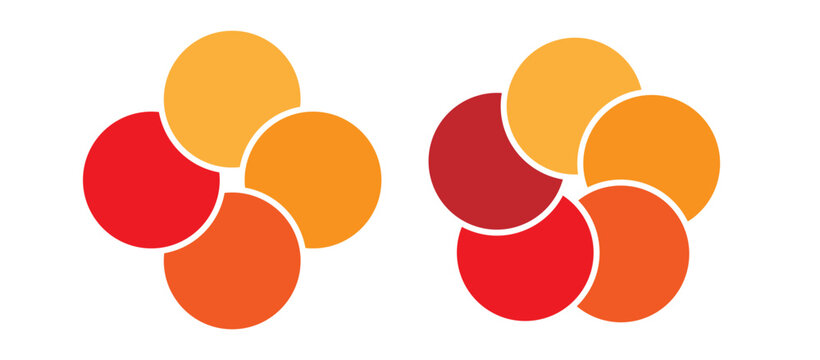 Colorful overlapping circles of infographic pie chart divided into 4 or 5 parts.