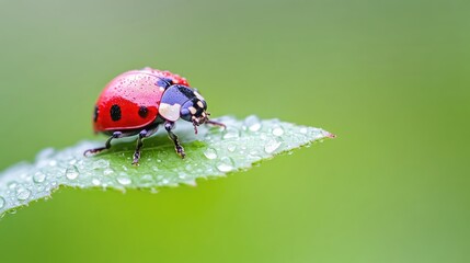 Ladybug on dewy leaf, vibrant colors