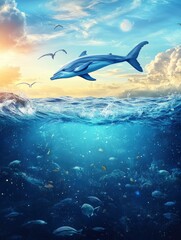 Fototapeta premium Dolphin Leaping Above Ocean Water with Underwater Life at Sunset