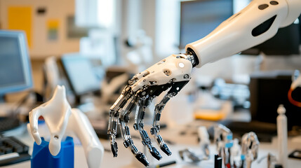 A robotic arm in a state of the art prosthetic limb manufacturing lab, surrounded by prosthetic molds, assembly tools