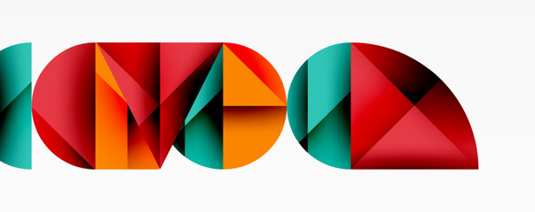 Bright geometric shapes form word IDEA. Red, orange, teal colors dominate design. Modern, abstract composition. Minimalist style.