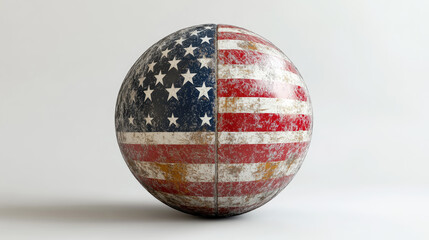 American football ball painted in the colors of the United States flag, isolated on white background, representing sports spirit, patriotism, and national identity. Banner with copy space