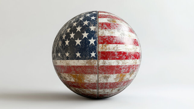 American football ball painted in the colors of the United States flag, isolated on white background, representing sports spirit, patriotism, and national identity. Banner with copy space