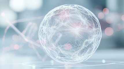 Digital illustration of a sphere made up of lines and dots. the sphere is spherical in shape and appears to be floating on a reflective surface.