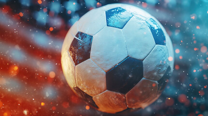 Fototapeta premium Soccer ball with the American flag in the background, symbolizing the USA's participation in the Football World Cup. Patriotic sports banner and flyer with copy space