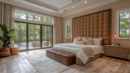 Fototapeta premium Modern Master Bedroom with Textured Accent Wall and Pool View