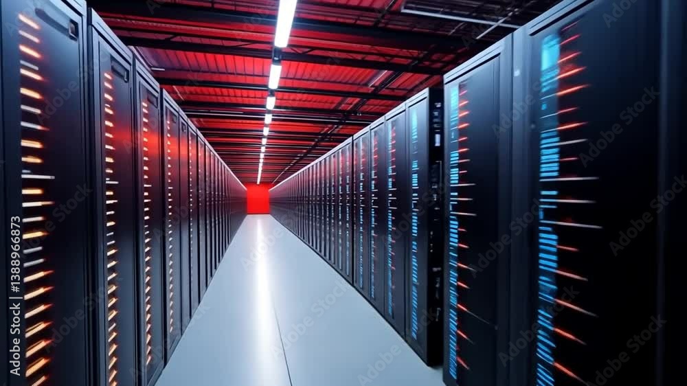 Poster inside a modern data center: server racks, technology infrastructure and network