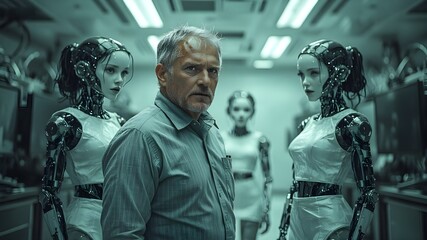A man in a button-down shirt stands amidst two advanced androids in a sterile, futuristic laboratory
