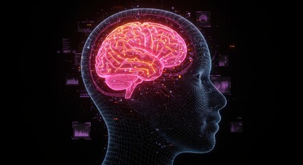 Futuristic wireframe human profile with glowing neon brain and circuitry symbolizing AI integration and digital consciousness fusion