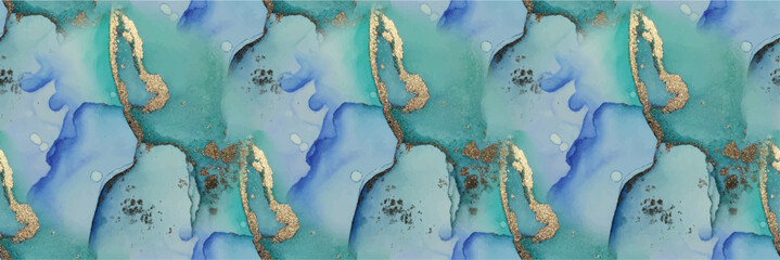 Foil Art Paint. Marble Alcohol Ink. Green Light Seamless Repeat. Golden Canvas. Blue Marble Background. Water Color Background. Vector Abstract Painting. Gold Seamless Watercolor. Metal Vector Ink.