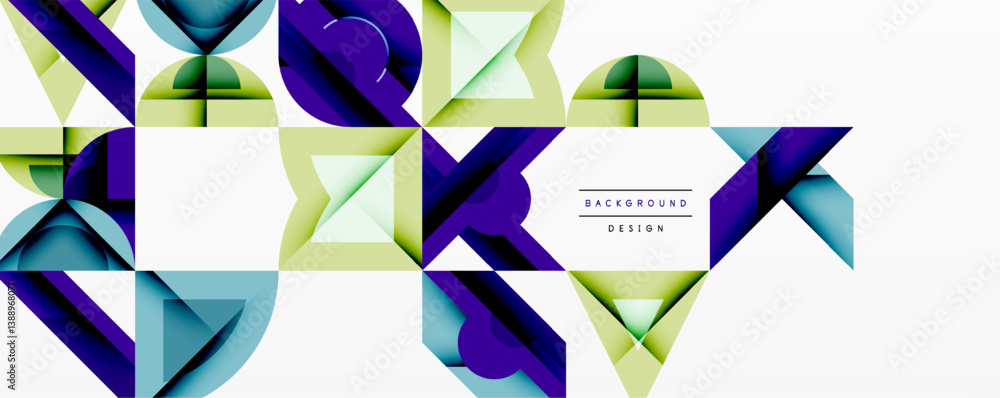 Poster abstract geometric pattern. bright shapes overlap creating modern design. blue, green, purple hues d