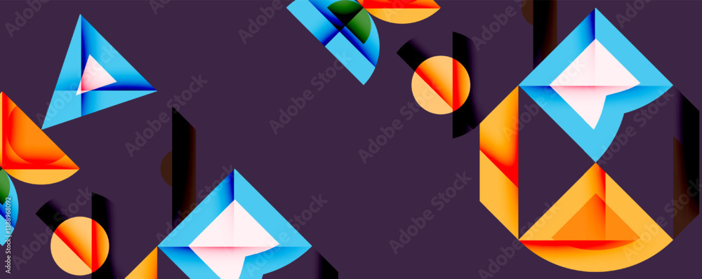 Poster abstract geometric shapes, vibrant colors, dynamic composition. blue, orange, red elements float on 