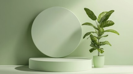 Minimalist product display, light green background, plant