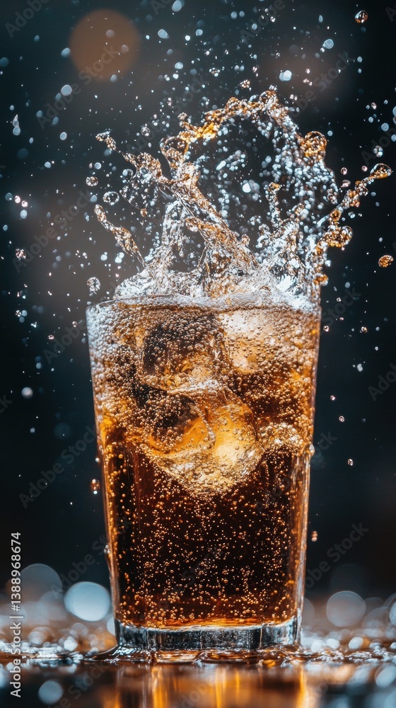 Poster refreshing cola splash with ice cubes in a glass capturing the dynamic water movement against a dark