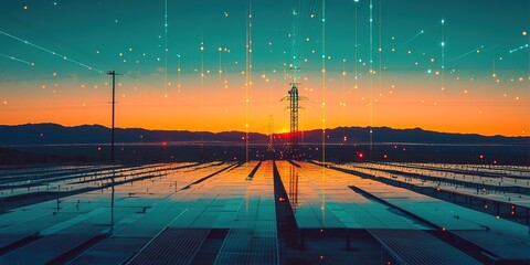 Futuristic Solar Matrix: Cyberpunk Energy Grid with Giant Sun Array Stretching to Horizon. Mirrored Panels Reflect Clouds and Star Trails. Particle Beams from Collectors. Ultra-Wide Distorted Composit