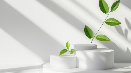 White podiums with leaves, showcasing nature. Ideal for product presentation