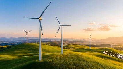 Obraz premium Renewable Energy Landscape with Wind Turbines and Solar Panels at Sunrise or Sunset on Rolling Green Hills