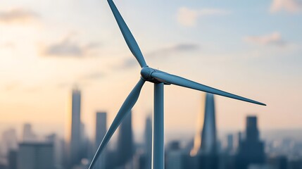 A Close-Up of a Single Wind Turbine with a Cityscape in the Background, Symbolizing Clean Energy