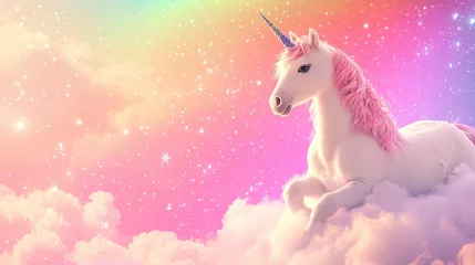Breathtaking pastel unicorn background with sparkling stars, a vibrant rainbow, and dreamy pink sky, featuring a whimsical unicorn resting on a fluffy cloud in a fairy-like fantasy scene.
