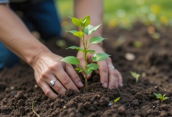 Planting a young sapling in the garden during a sunny afternoon