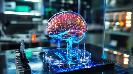 A cutting edge AI driven brain computer interface lab, researchers testing neural implants for direct human-machine interaction, Neurotech style