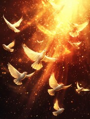 Doves Flying in Golden Light Symbolizing Peace and Hope