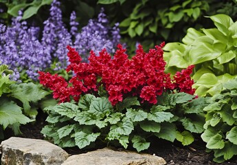 Vibrant red flowers amongst greenery and stones