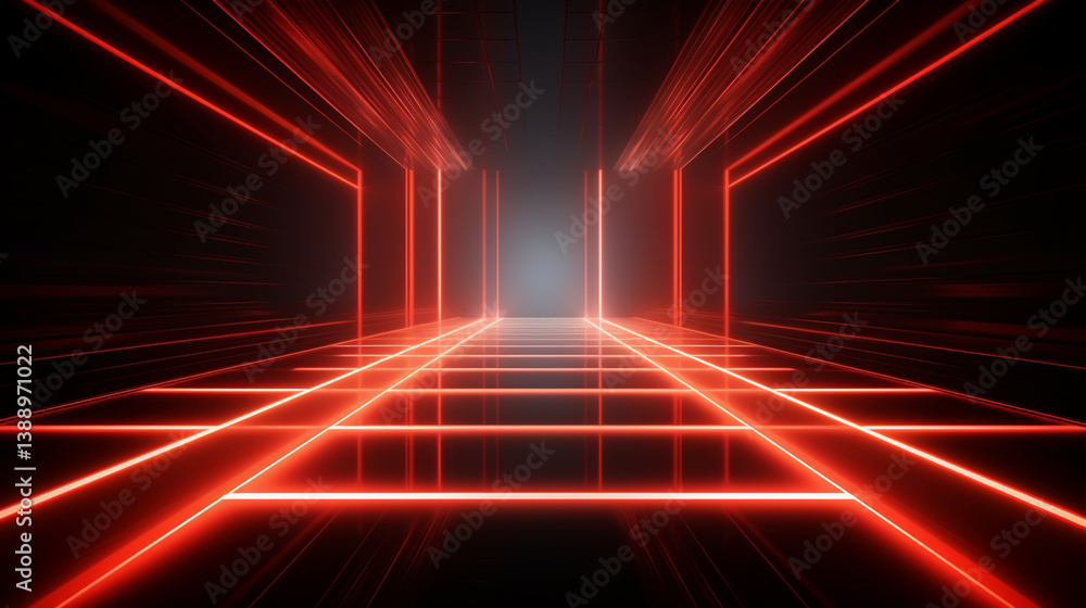 Wall mural bright red neon laser lights illuminate the darkness creating lines and triangle shapes in sci-fi ef