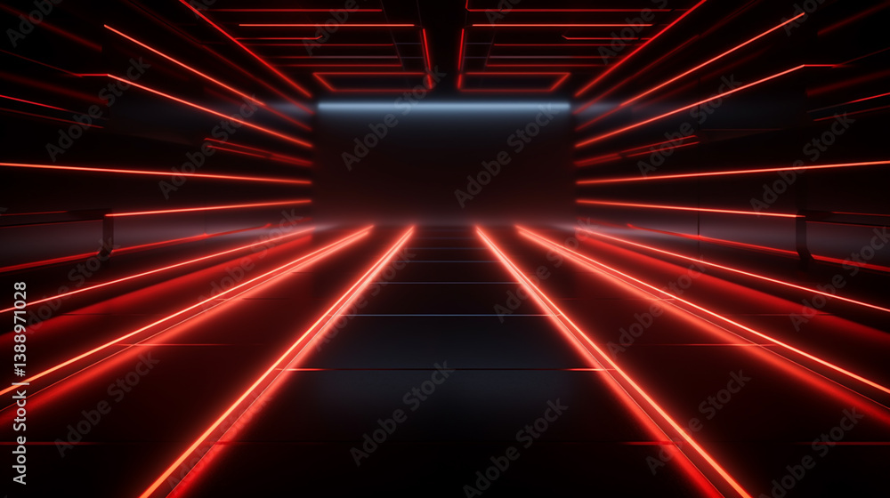Wall mural bright red neon laser lights illuminate the darkness creating lines and triangle shapes in sci-fi ef