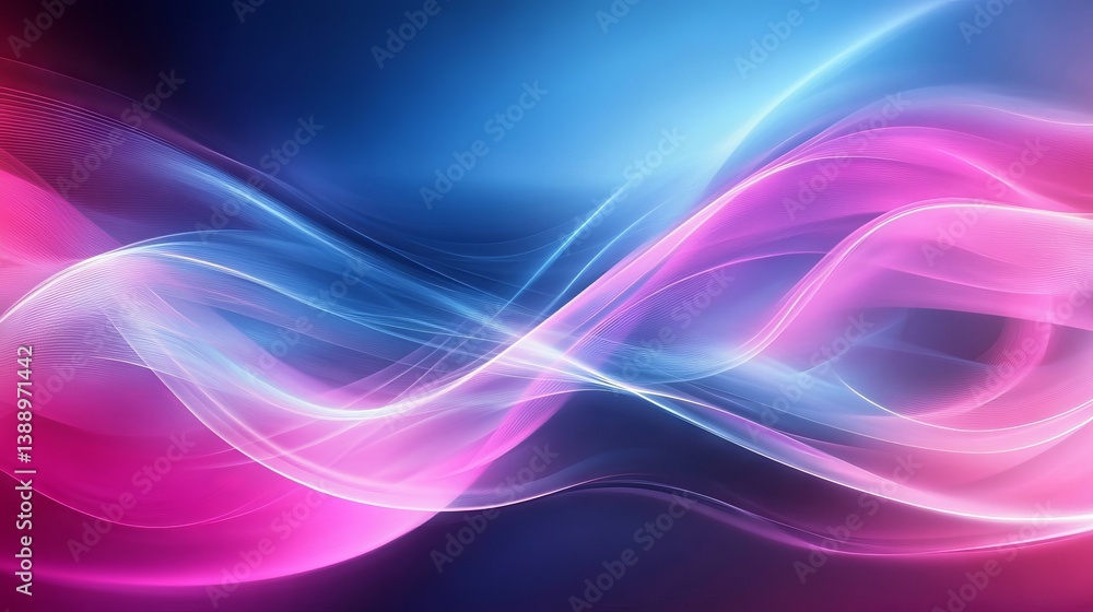 Poster dynamic neon pink and blue gradient waves creating a sleek technology backdrop with flowing abstract