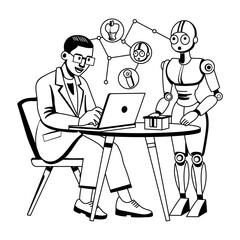 A glyph illustration of ai researcher with a robot 
