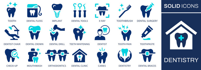 Dentistry icon set. Collection of implant, orthodontics, caries, braces and more. Vector illustration. Easily changes to any color.