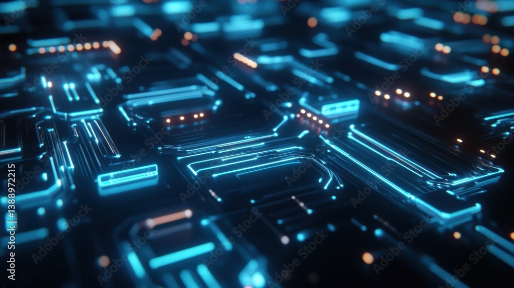Poster Futuristic digital network pattern with glowing nodes and connections in deep blue and white cyber theme