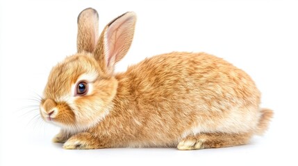 Obraz premium Adorable golden rabbit resting on white background in studio shot capturing its soft fur and gentle expression offering a sense of calm and innocence