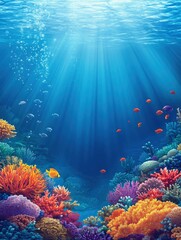 Obraz premium Vibrant Coral Reef Scene with Fish and Sun Rays Under Water