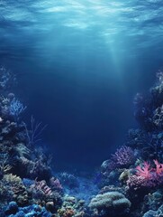 Obraz premium Exploring Underwater Coral Reef Scenery with Sunlight Filtering Through Ocean Water