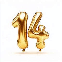 Fototapeta premium Golden number 14 balloons on white background for celebrations and anniversaries