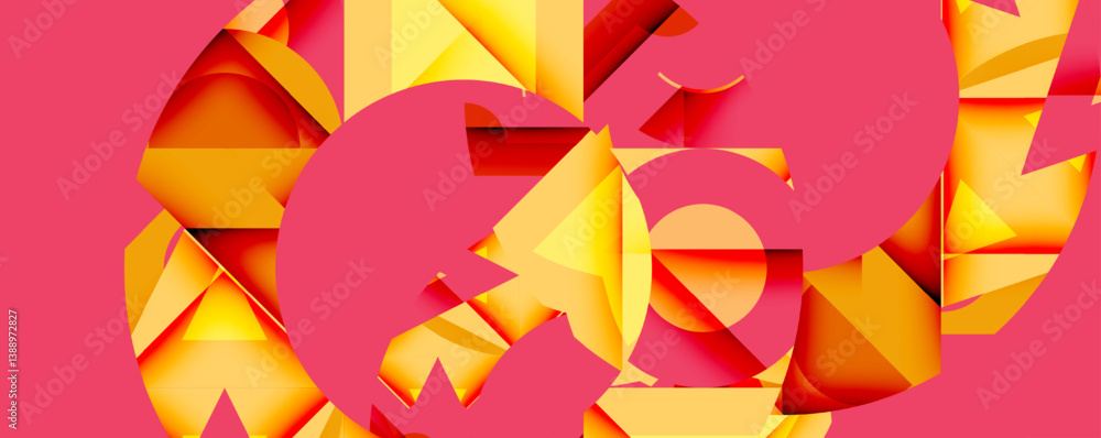Poster bright abstract composition. overlapping shapes, vibrant orange, yellow hues. pink background create