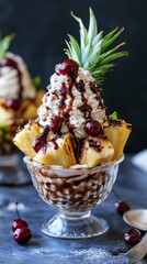 Tropical pineapple sundae with cherries and chocolate sauce in glass bowl