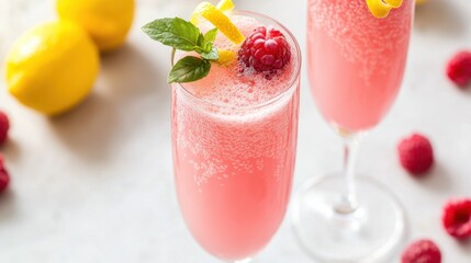 National Lemonade Day Refreshing raspberry lemonade mimosas with fresh mint and citrus garnish